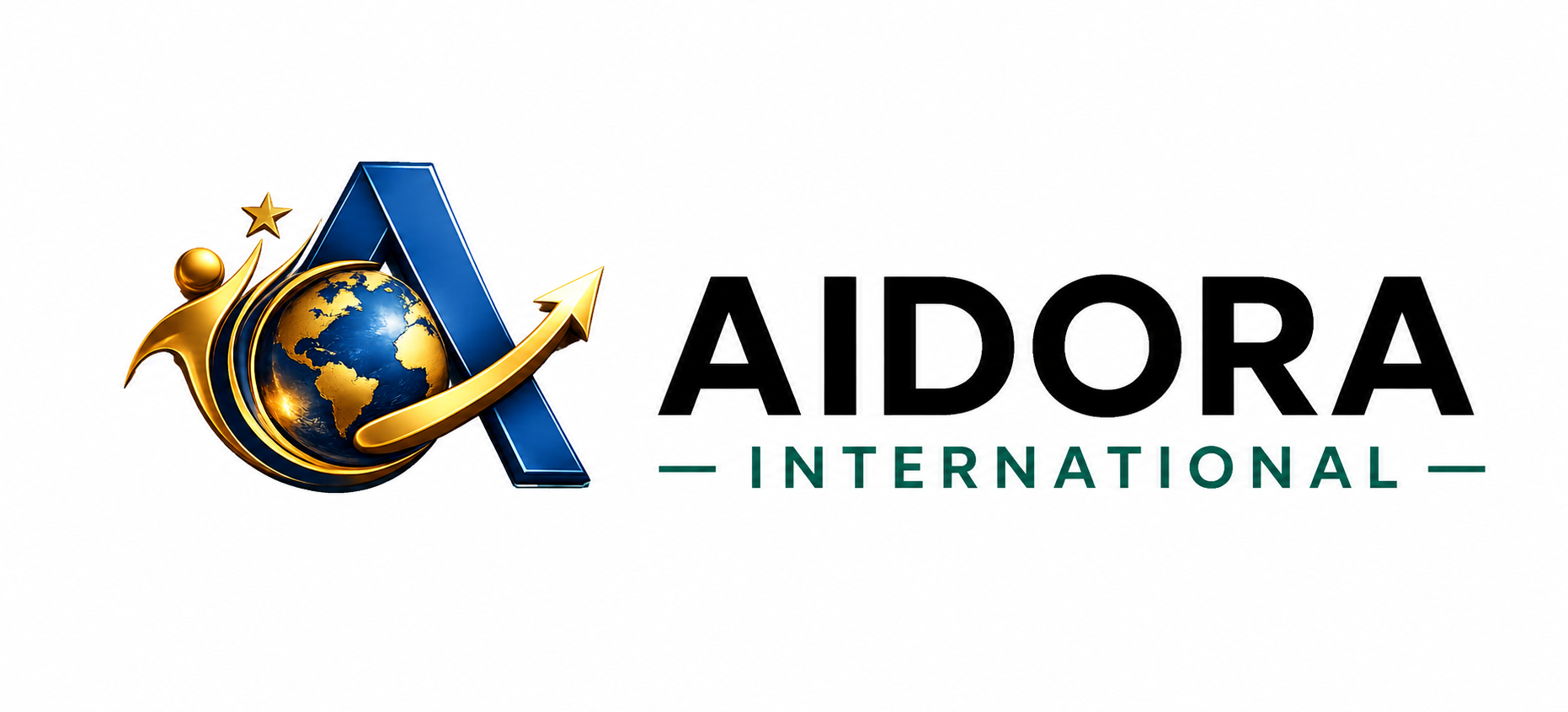 Aidora International logo featuring a blue and gold globe, upward arrow, stylized figure, and bold AIDORA INTERNATIONAL text.